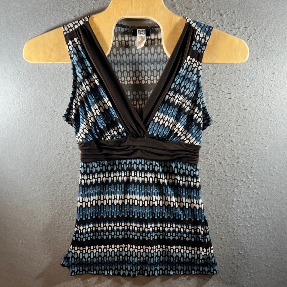 14 | Studio 1940 Retro Geometric Empire Waist V-Neck Sleeveless Top Blue XL